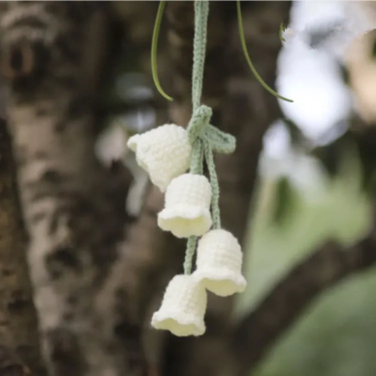 Green and white crochet car plant ornament with 25cm white hanging rope on 8cm basin base