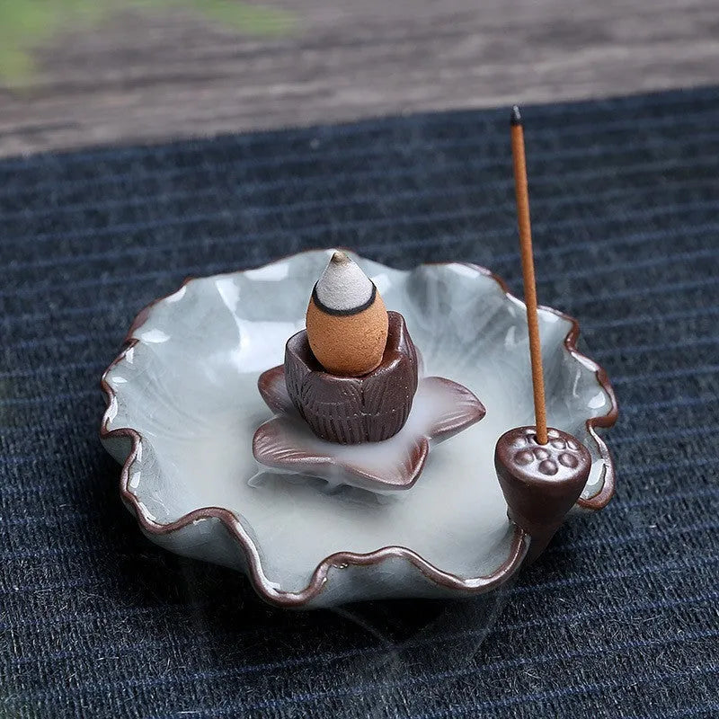 Ceramic reverse flow incense burner with purple clay in traditional Chinese designs