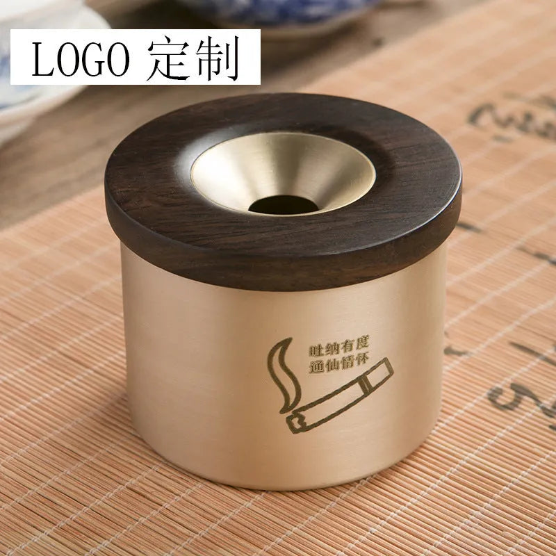 Retro-style solid copper ashtray with a wooden lid in black or red.