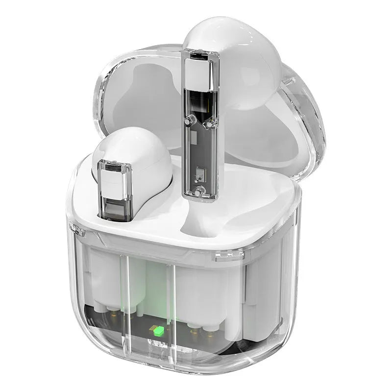 YX06 wireless TWS headphones with transparent cabin body in black, green, orange, or white featuring Bluetooth 5.3 connectivity