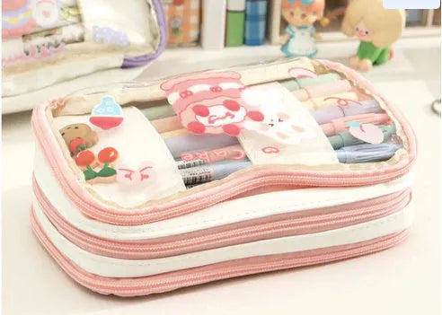 Transparent TPU pencil case with decorative rabbit designs in pink and red colour options