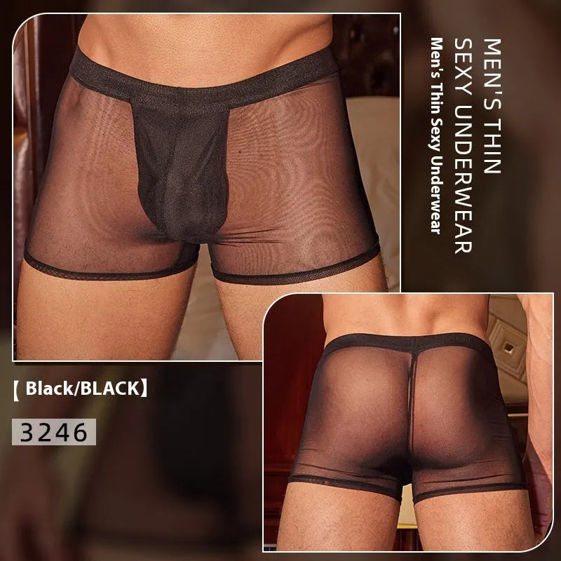 Man's black ultra-thin breathable boxer briefs made from nylon fabric.