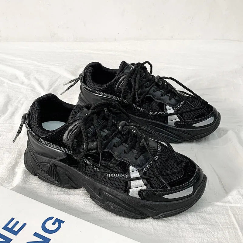 Men's Korean style platform sneakers with lace-up front and height-increasing sole in neutral colours