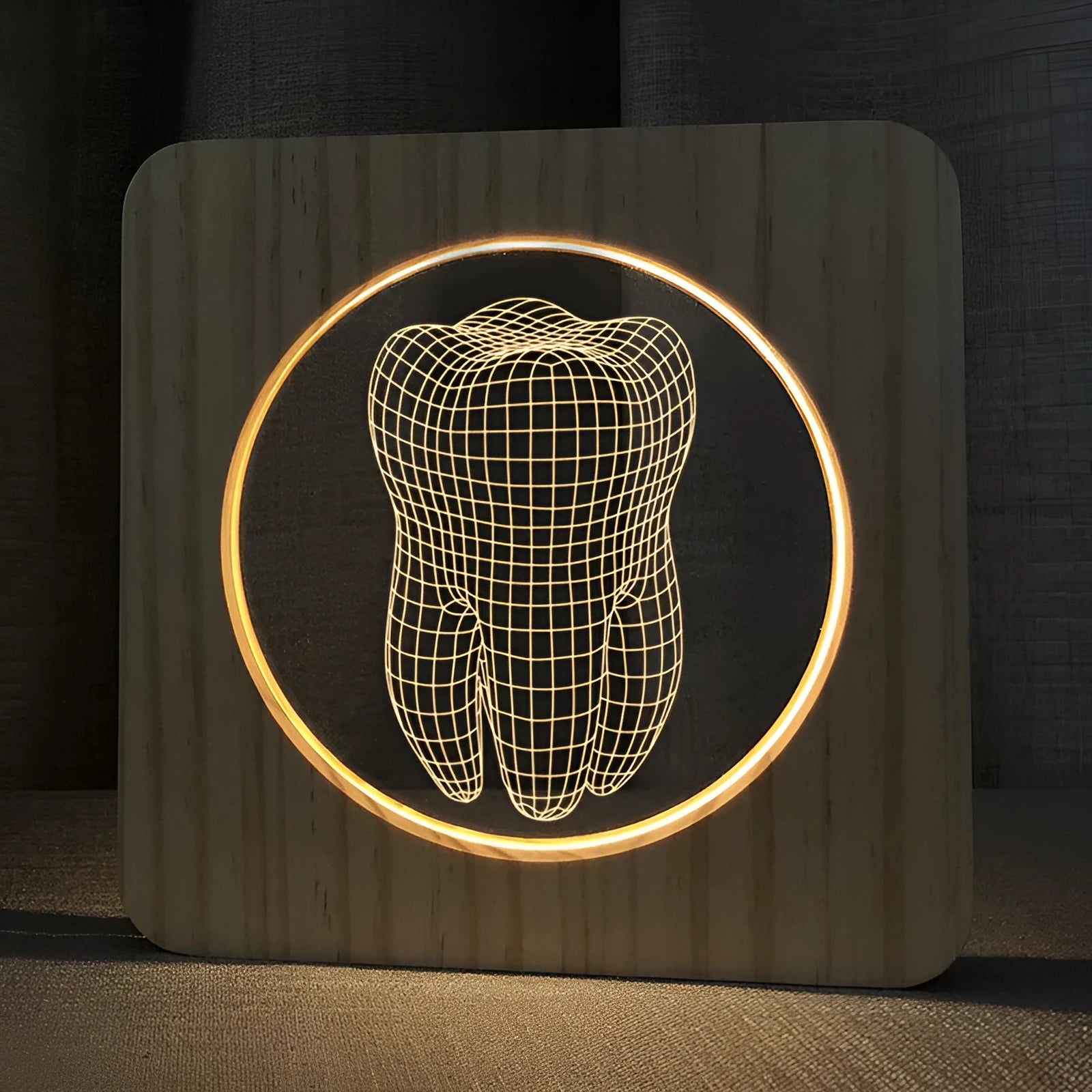 Small tooth-shaped night lamp with log color plastic finish measuring 190x190x30mm