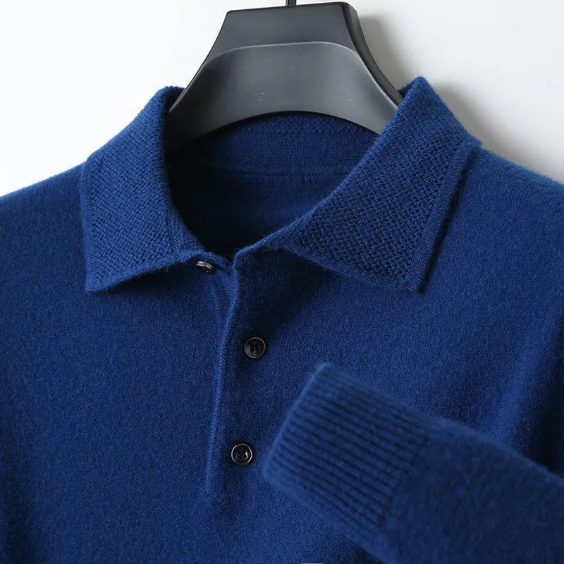 Men's grey wool blend pullover sweater with a polo collar and long sleeves laid flat