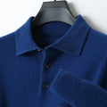 Men's grey wool blend pullover sweater with a polo collar and long sleeves laid flat