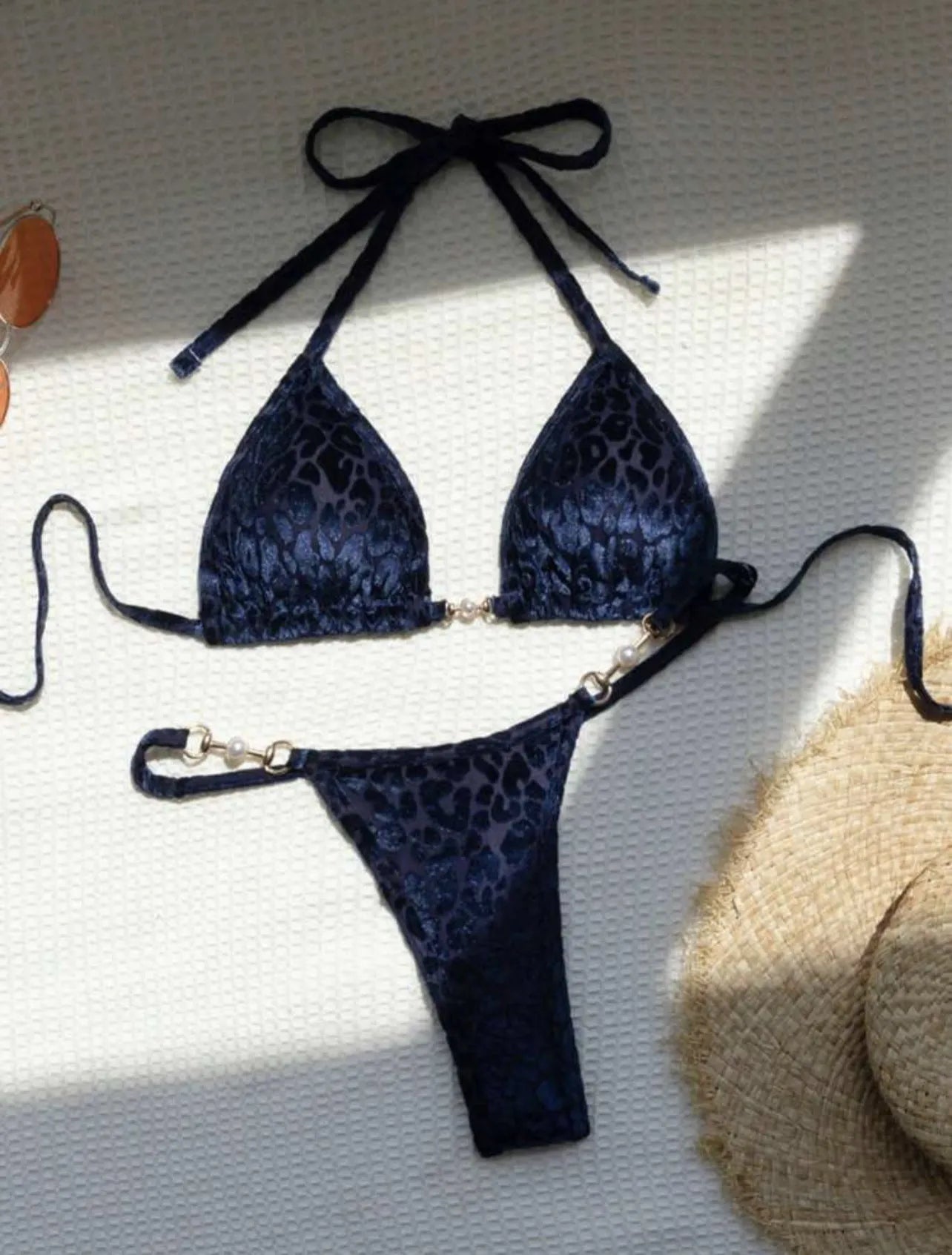 Women's blue leopard print T-shaped polyester bikini set for swimming
