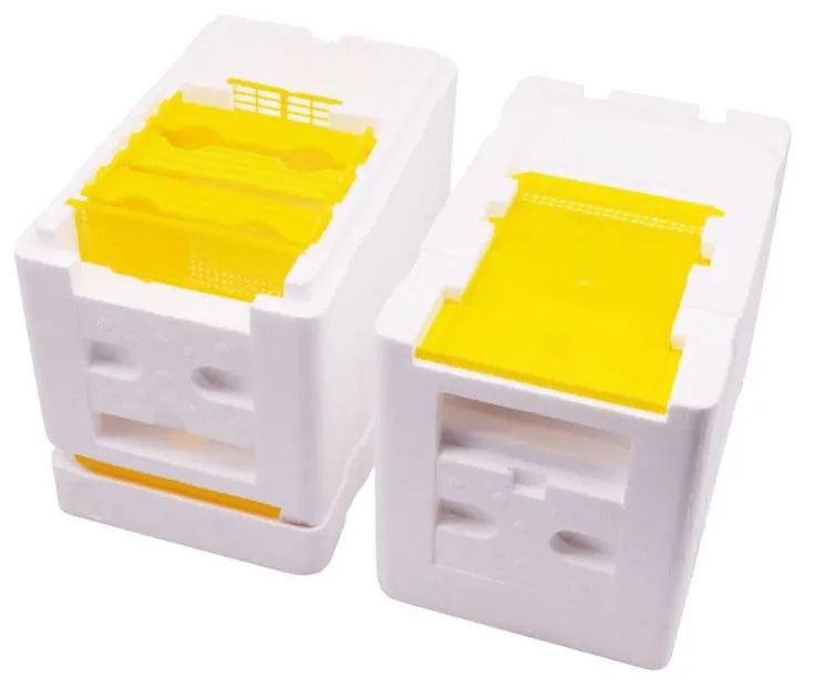 Three white EPS foam bee delivery boxes for hive mating and pollination transport