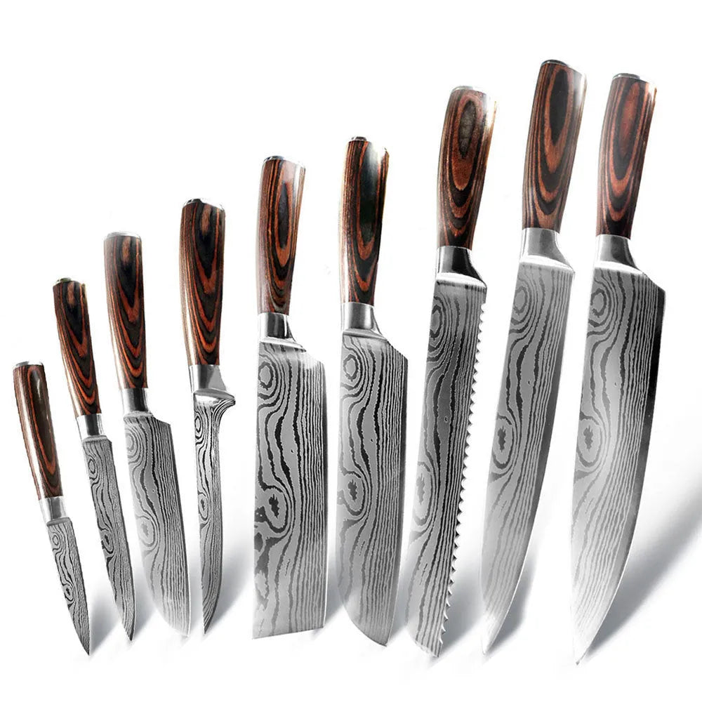 30cm chef knife with Damascus pattern blade and colour steel handle