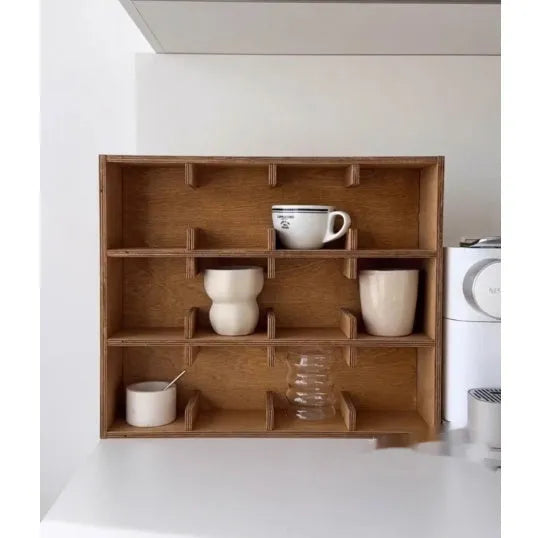 Square wooden cup storage rack with multi-layer grid design in birch finish