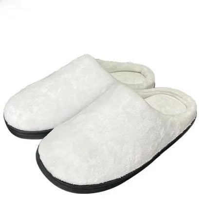 A pair of printed cotton flannel slippers with a patterned design and a light brown TPR sole.