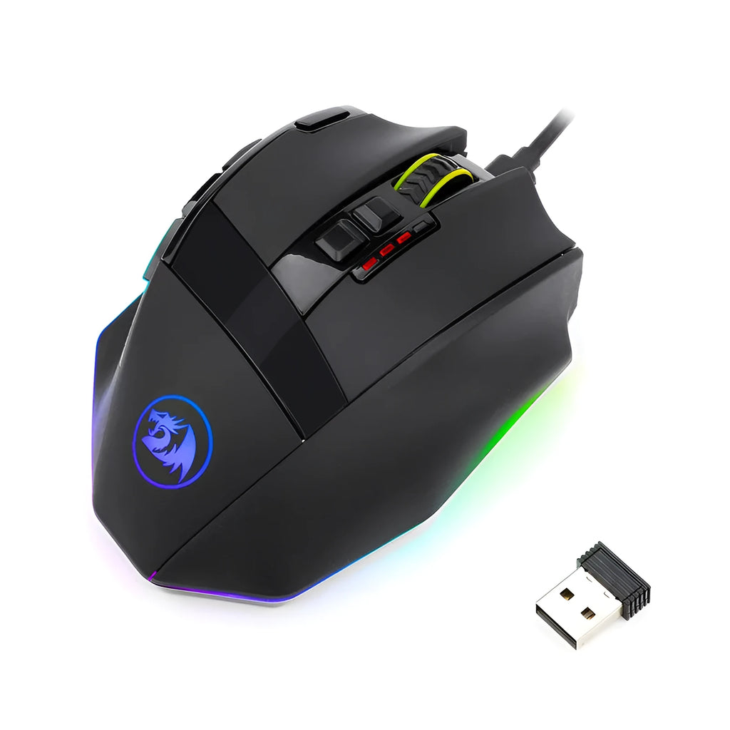 Black Redragon M801P gaming mouse with nine buttons and dual wireless/wired connectivity