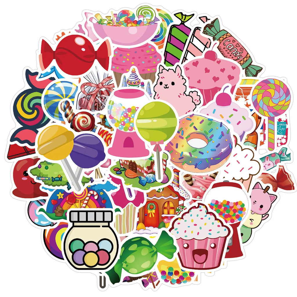 50 colourful candy graffiti adhesive stickers with cartoon designs measuring 4-6cm