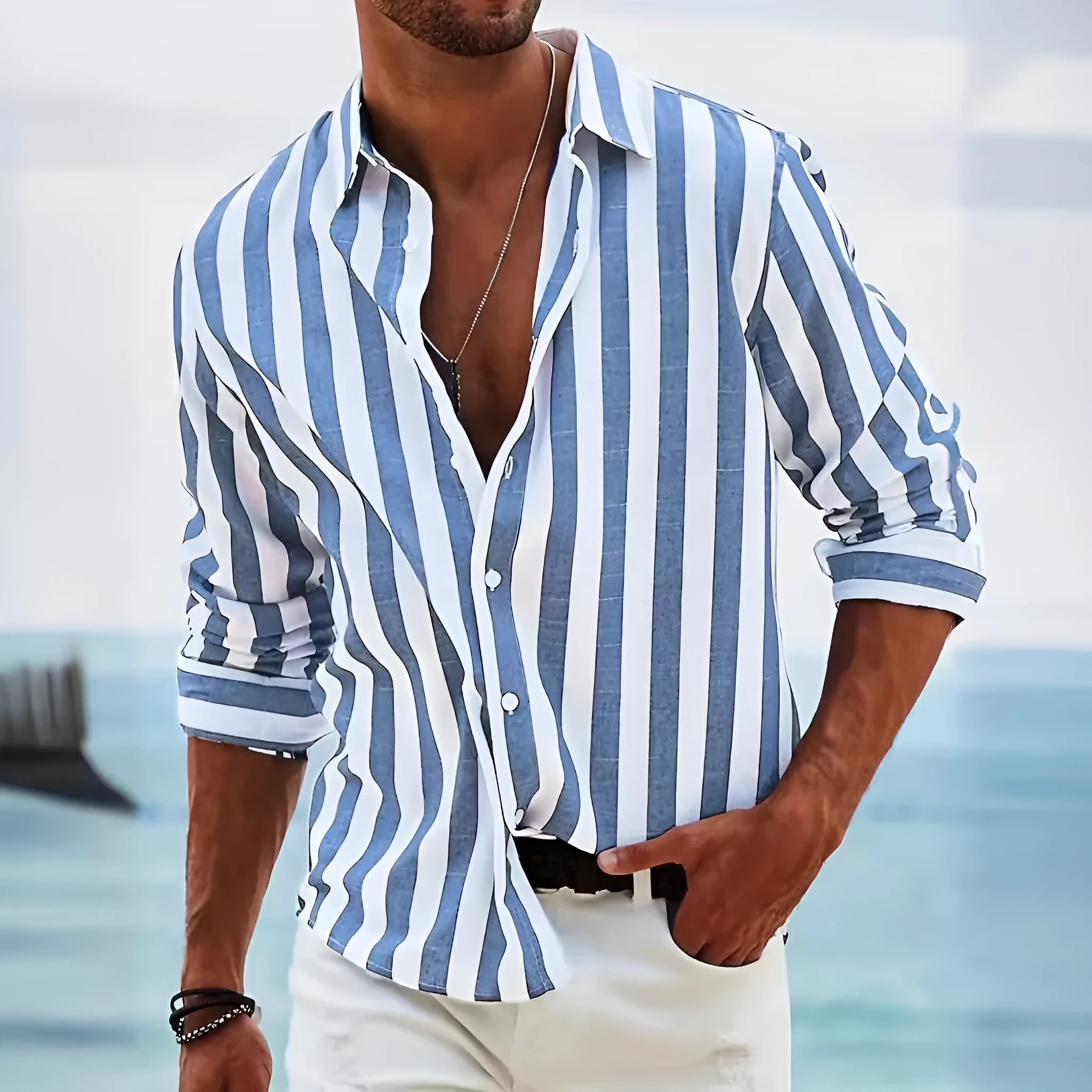 Men's yarn-dyed striped casual long sleeve shirt in British style loose cardigan fit
