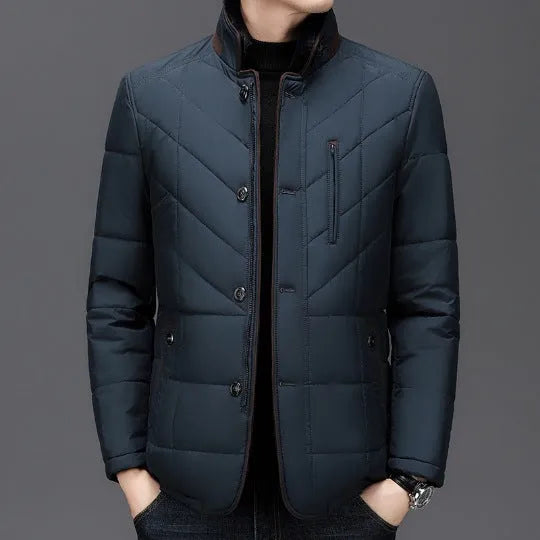 Men's dark blue quilted short winter coat with side pockets