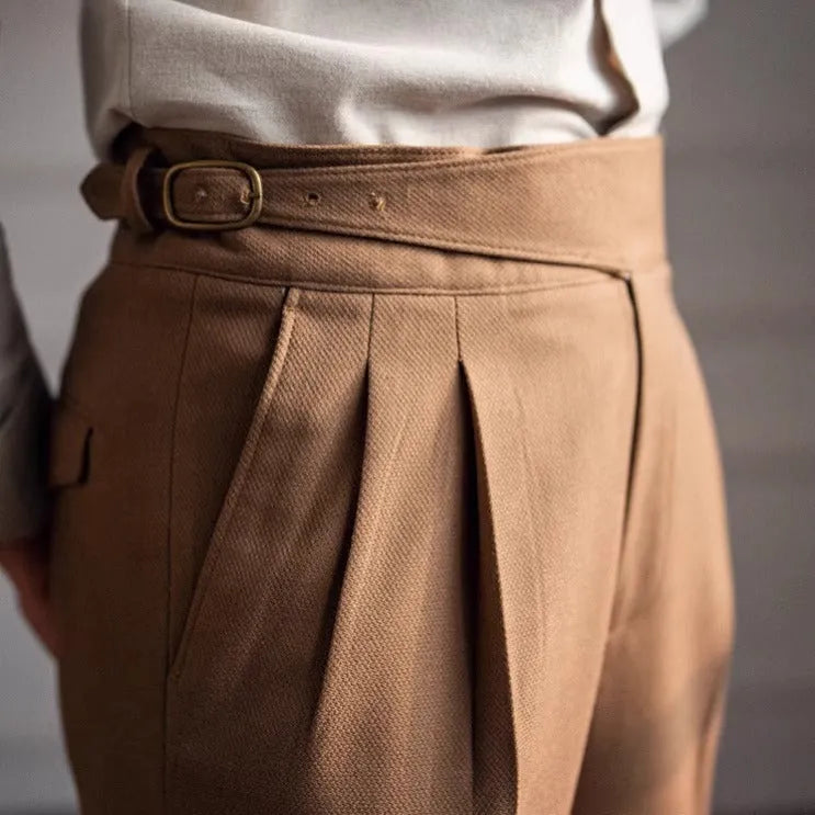 Men's black high-waisted straight leg casual trousers on a hanger