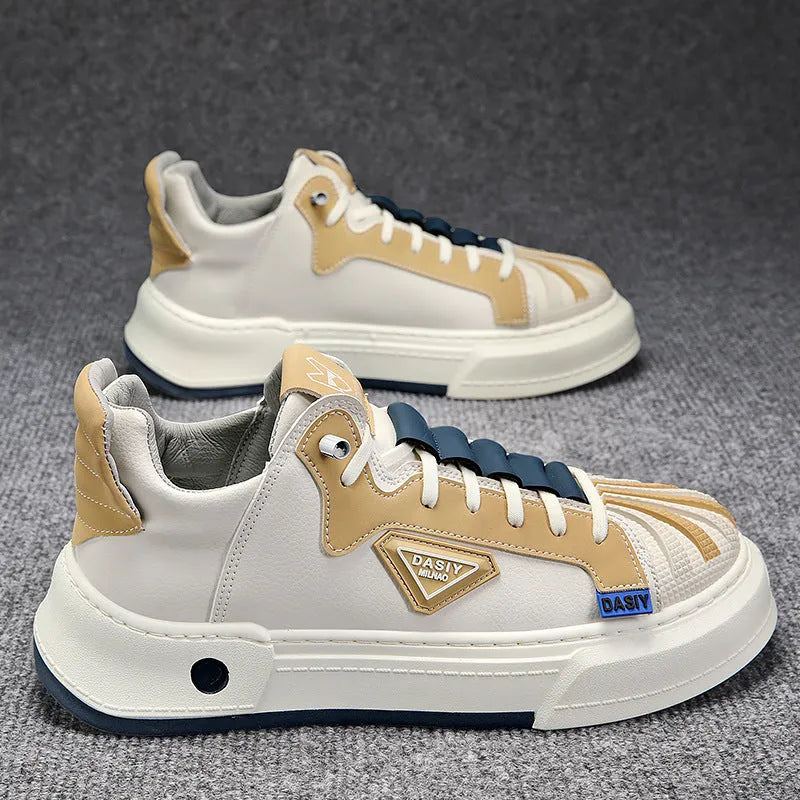 Men's beige low-top casual sneakers with elastic band closure and round toe.