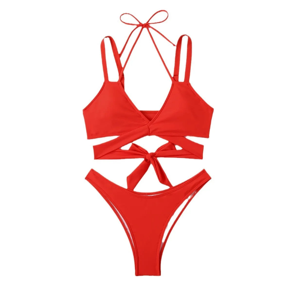 Women's solid colour strap bikini swimsuit in a brief style on a white background.