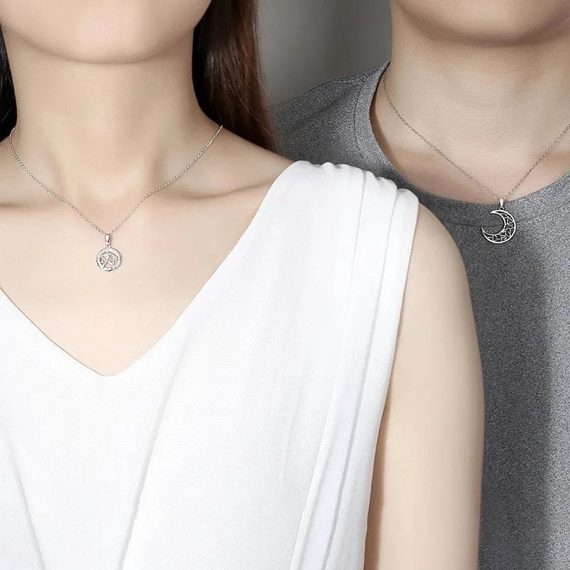Red sun moon couple necklace with copper pendants on cross chain