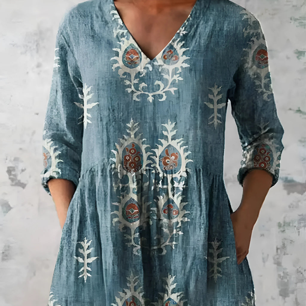 Women's printed floral dress with loose fit, wide waist, and 3/4 ruffle sleeves
