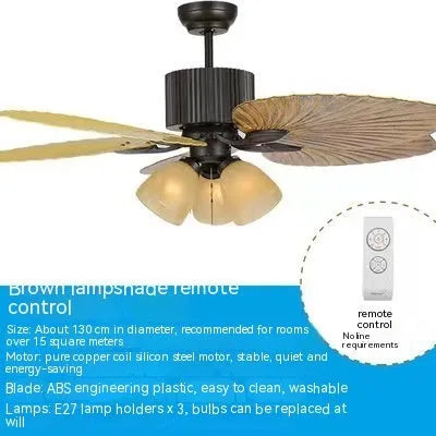 52-inch retro ceiling fan light with rubber leaf blades and integrated lights