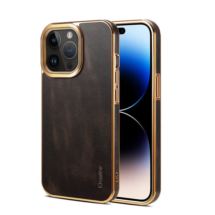 Handmade leather iPhone case in vintage oil wax leather showing slim profile and protective design