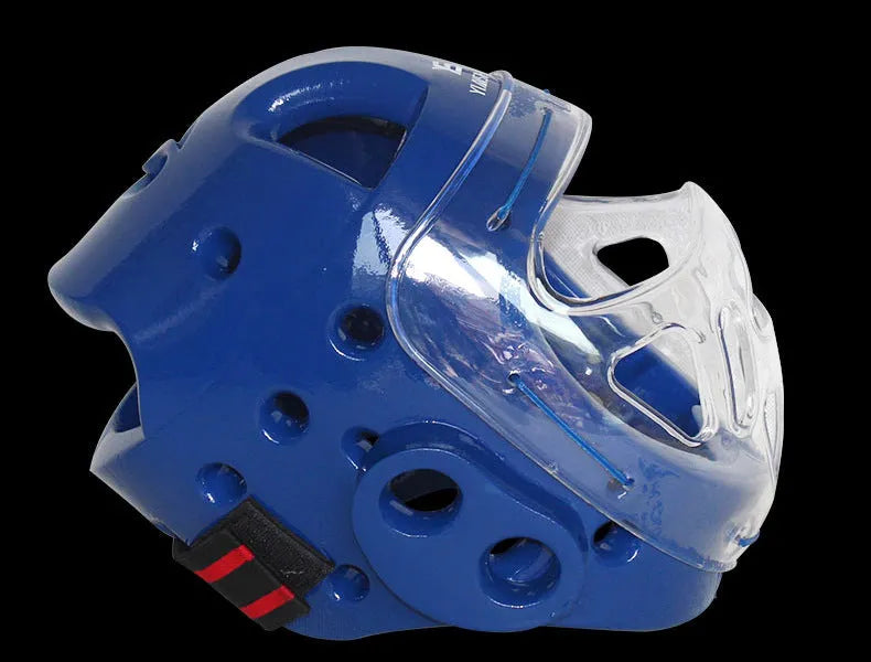 White, blue, and red karate boxing helmet headgear in sizes S, M, L, XL for head protection.