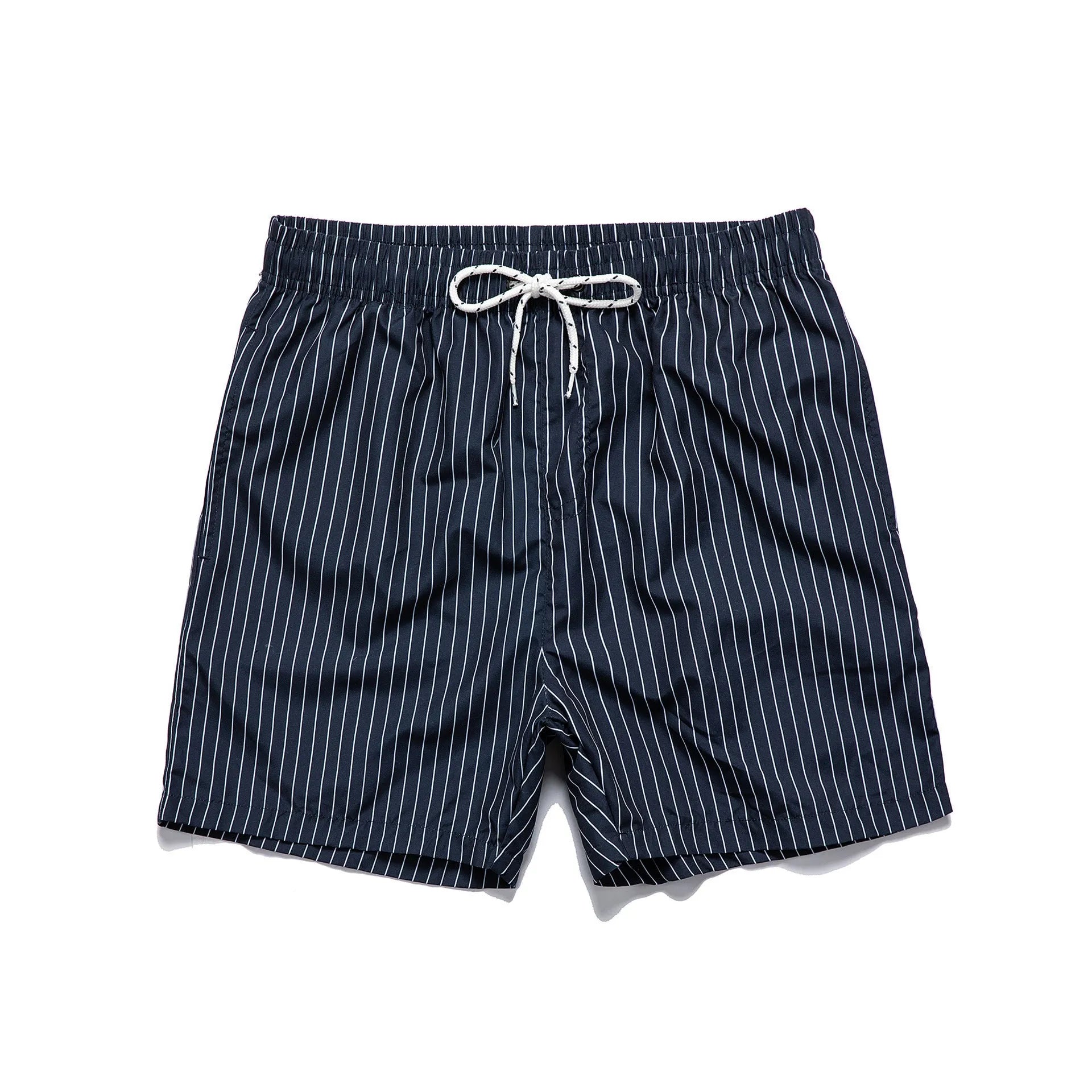 Striped casual shorts in light blue, shown front-on, with straight leg opening.
