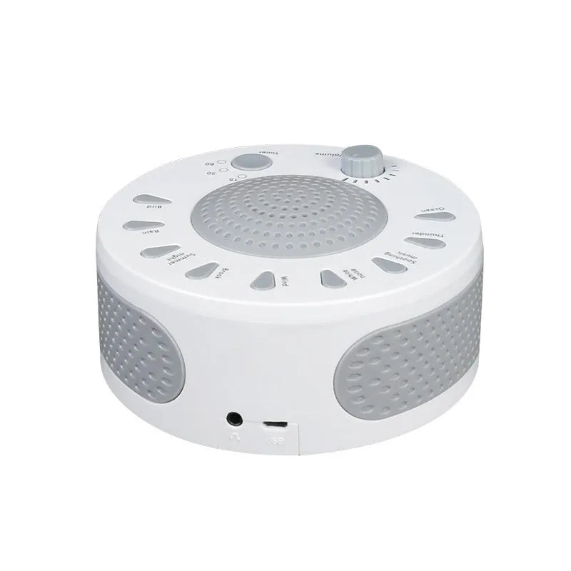 White noise sleep instrument with volume knob and multiple sound options in compact packaging