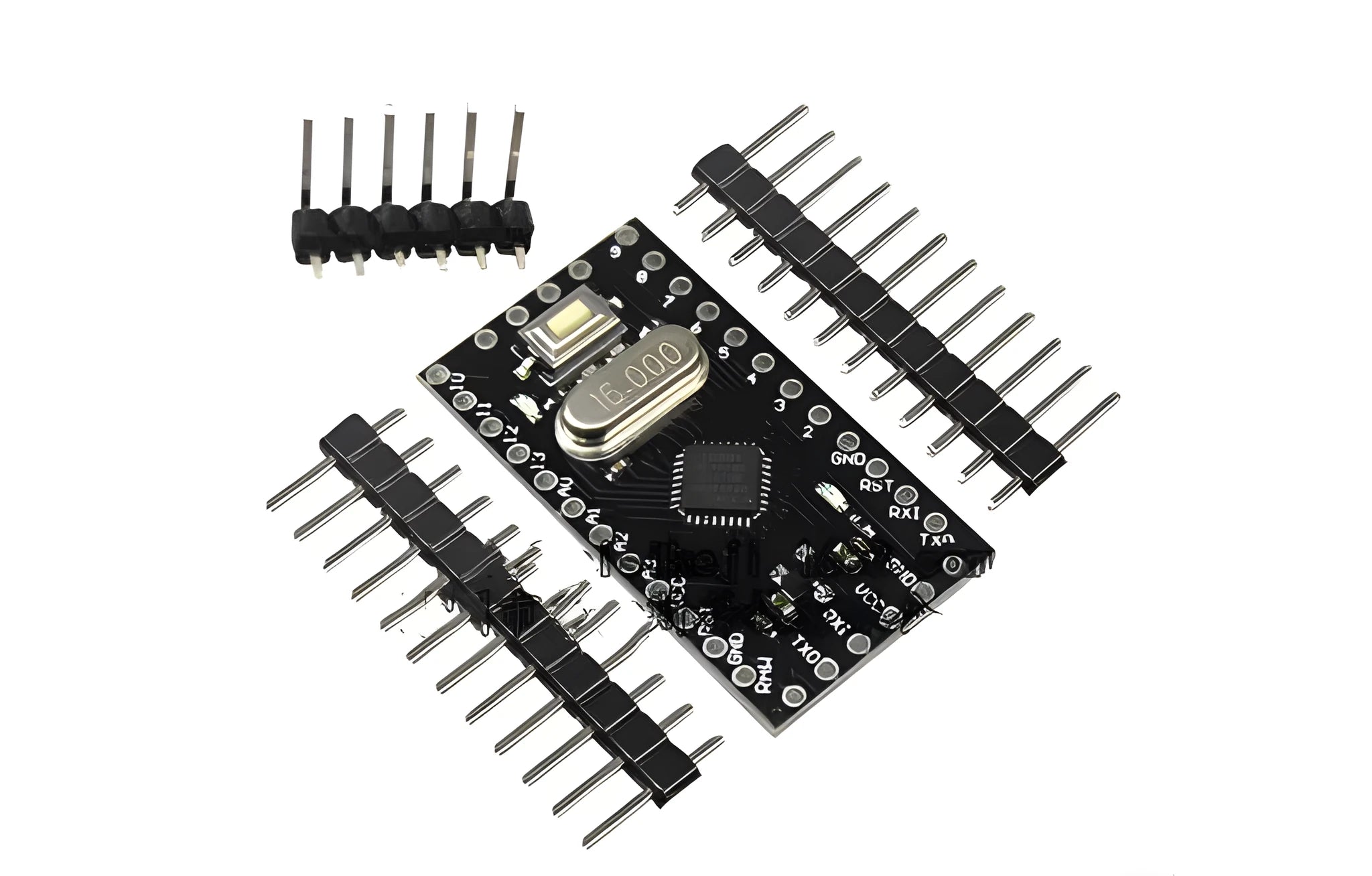 Mini Pro microcontroller development board with Atmega328P chip and labelled pin headers.