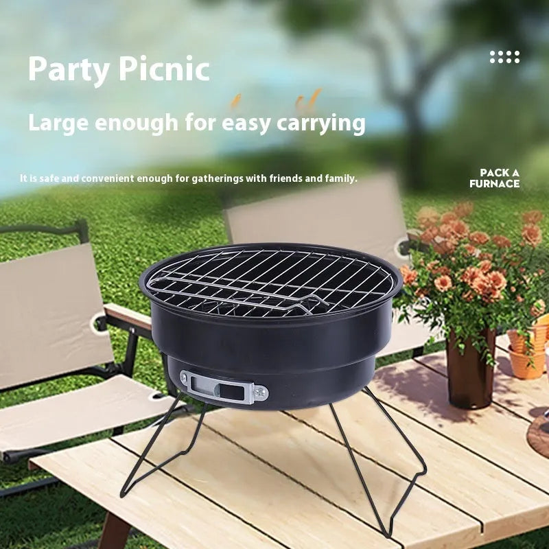 Small round folding ice stove with barbecue grill and detachable legs for camping