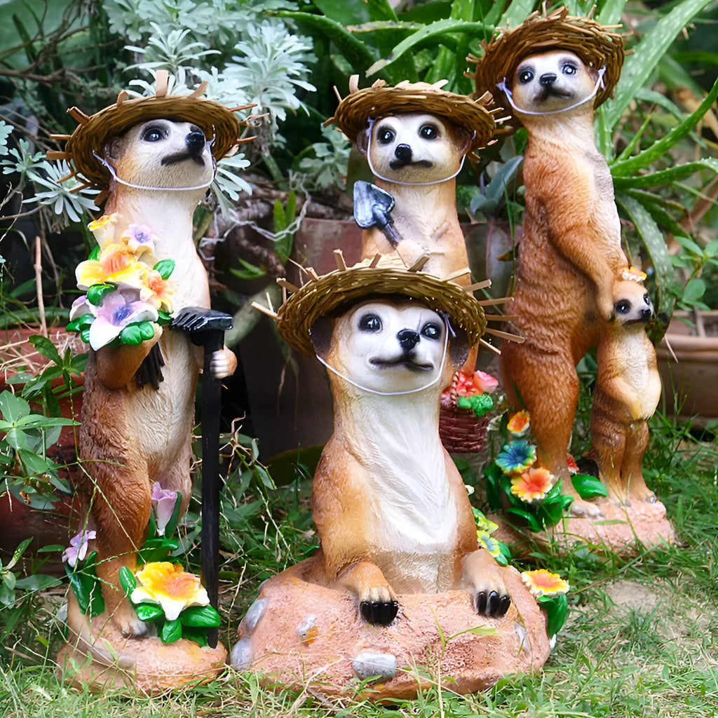 Straw hat mongoose garden ornament figurine with plastic resin construction