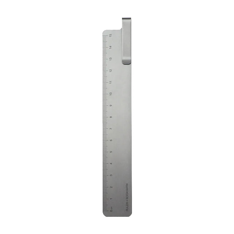 15cm aluminium bookmark ruler with laser-engraved markings in black colour