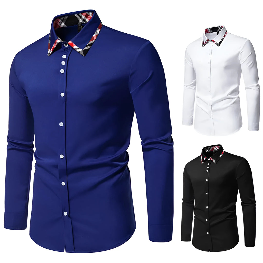 Men's plaid long sleeve shirt with triangle collar in blue, black or white colour options