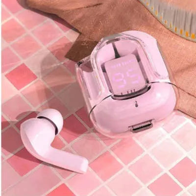 Transparent space capsule shaped case containing true wireless Bluetooth earphones in light blue colour.