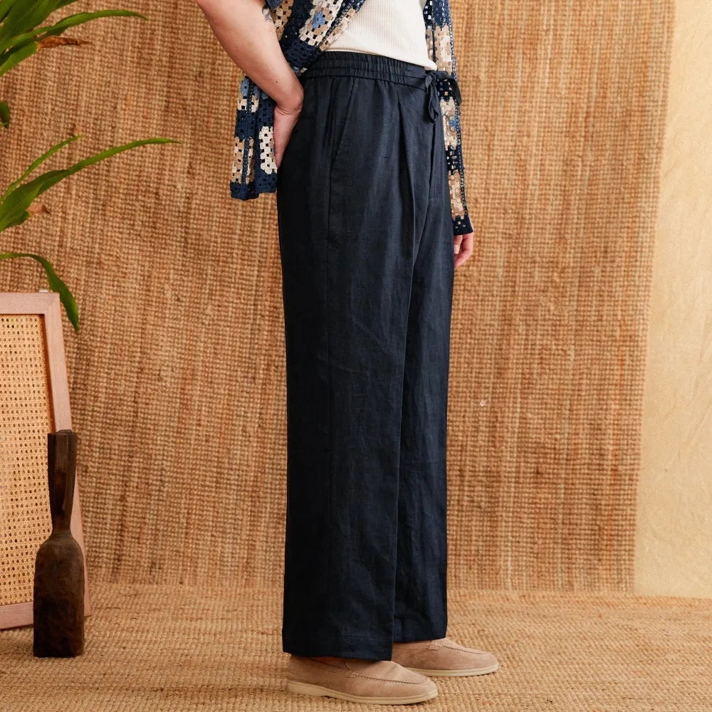 Linen high-waist trousers with elasticated waistband and straight-leg cut in navy blue colour