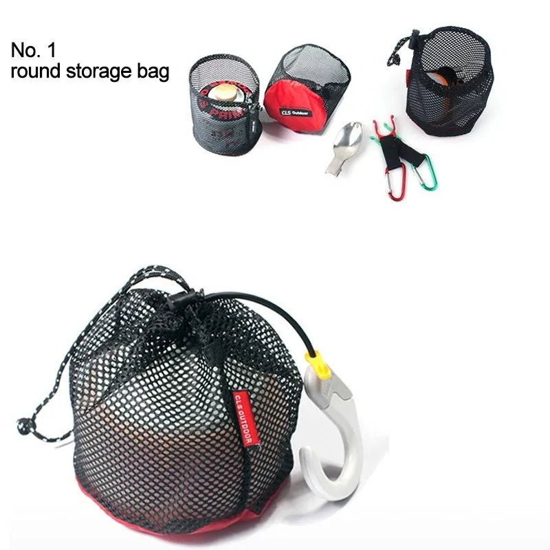 Red five-piece travel toiletry bag set with zipper closures and mesh panels