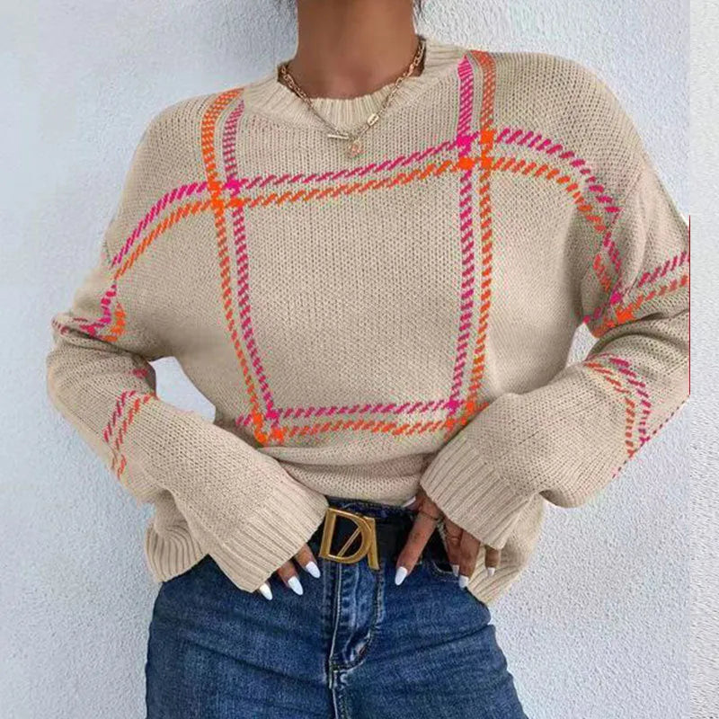 Women's casual plaid colour-block acrylic pullover sweater in loose fit with regular sleeves