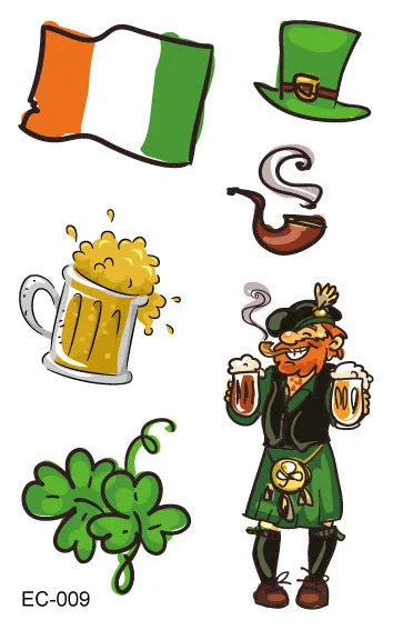 Pack of St Patrick's Day clover temporary tattoo stickers, 120mm by 75mm water transfer design.