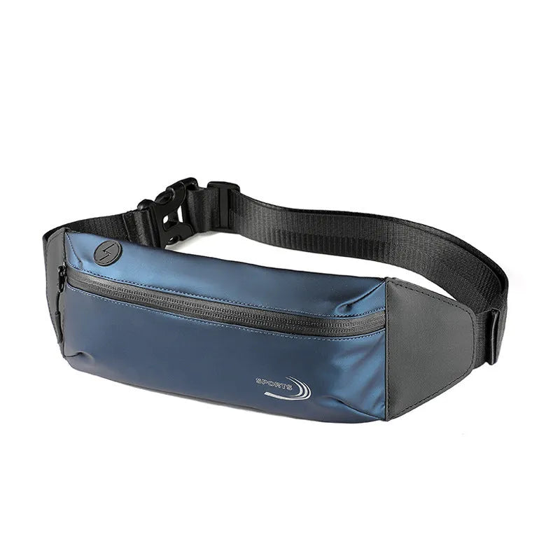Men's blue waterproof oxford polyester waist bag shown on a manikin, showcasing its compact 45cm size.