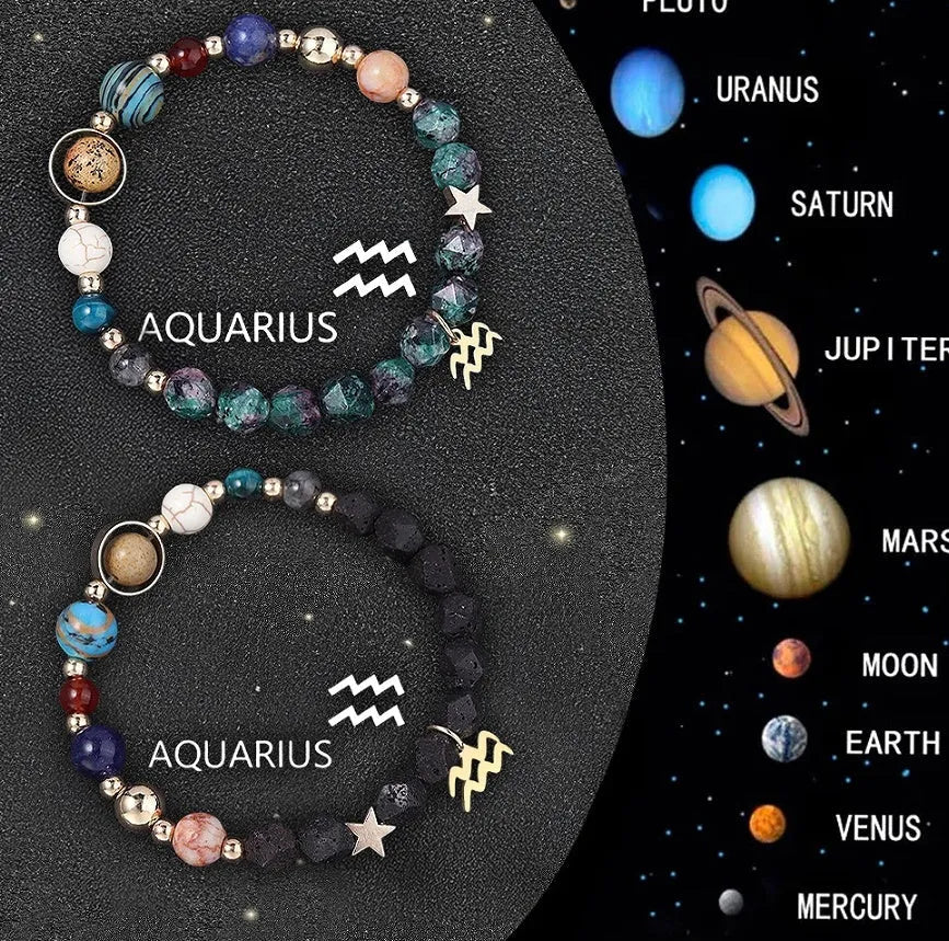 Two natural stone beaded bracelets with zodiac sign charms, representing a 12-style astrology set.