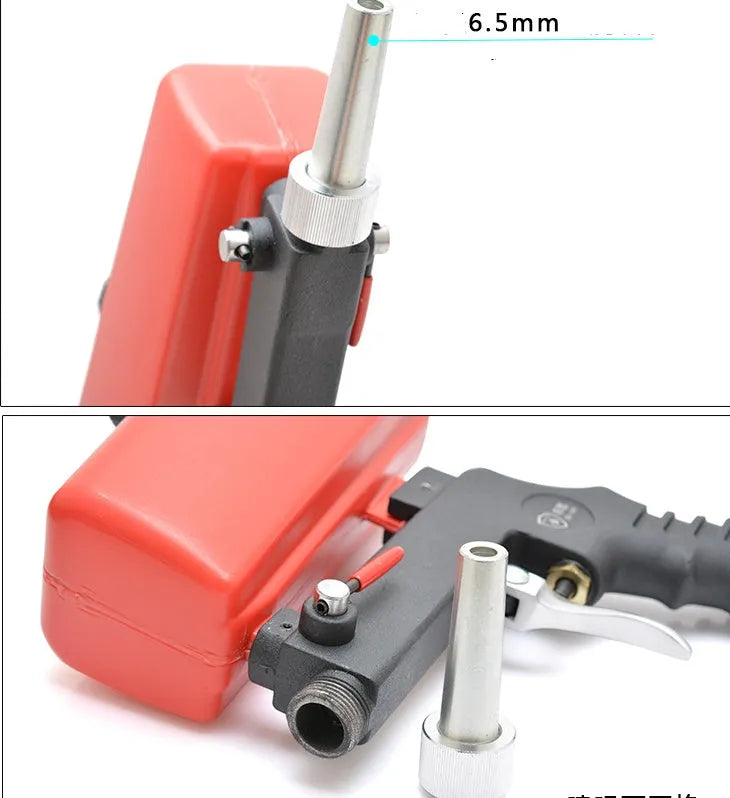 Portable black or blue pneumatic sandblasting gun with upper pot tank for on-site surface preparation.