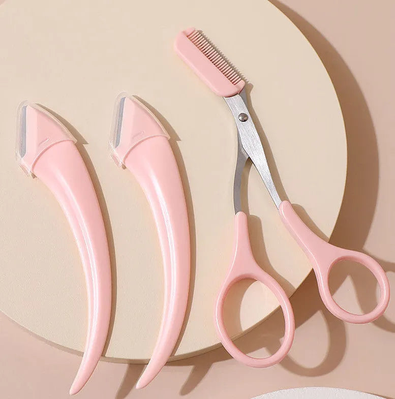 White and pink eyebrow trimming knife with curved moon comb and stainless steel blades