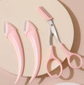 White and pink eyebrow trimming knife with curved moon comb and stainless steel blades