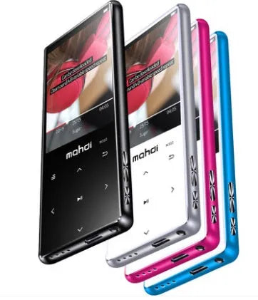 Black portable MP3 player with 2.4 inch touchscreen displaying music playback interface