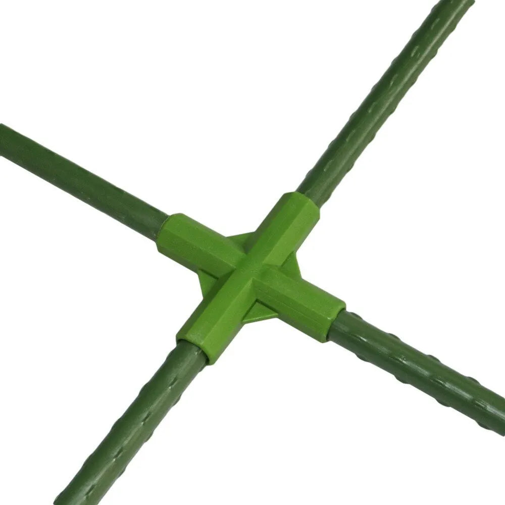 Two white PP plastic garden connectors, one 3-way and one 4-way, for 11mm plant support stakes.