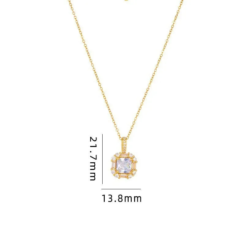 Gold titanium steel clavicle chain with geometric zircon inlaid pendant on water wave chain