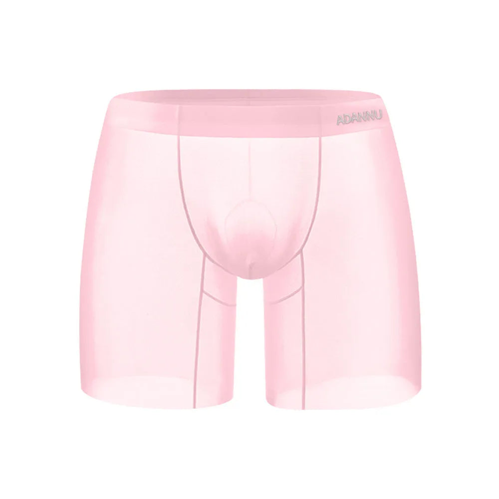 Men's seamless sports boxer briefs in orange, pink, or red, showing low-rise waist and short-length design.