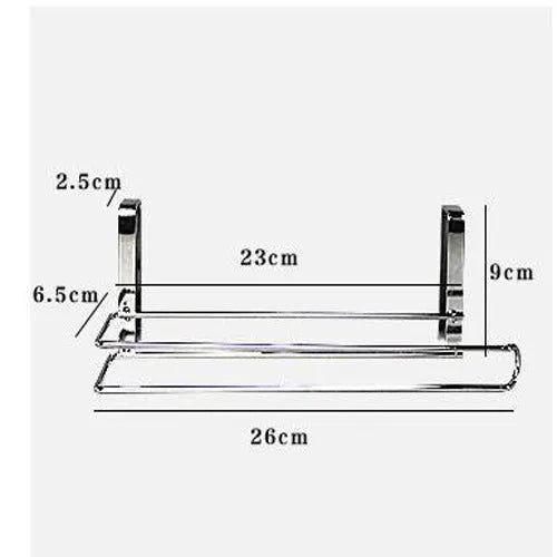 Silver stainless steel paper towel rack mounted on kitchen cabinet door
