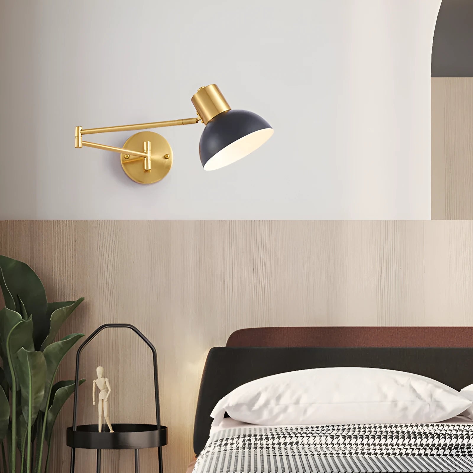 Modern minimalist double-section rocker arm wall lamp showing articulated arm positioning
